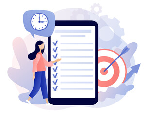 Wall Mural - Productivity concept. Discipline, time management, employee performance and self-organization. Effective job planning in smatphone app. Modern flat cartoon style. Vector illustration
