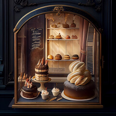 Elegant vintage Parisian bakery with delicious cakes in window display