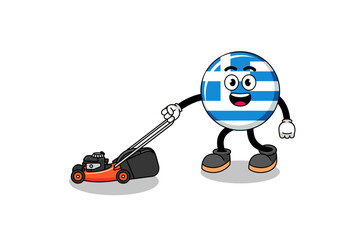 Wall Mural - greece flag illustration cartoon holding lawn mower