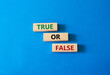 True or false symbol. Wooden blocks with words True or false. Beautiful white background. Businessman hand. Business concept and True or false. Copy space.