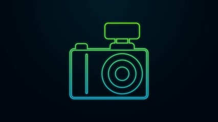 Sticker - Glowing neon line Photo camera icon isolated on black background. Foto camera. Digital photography. 4K Video motion graphic animation