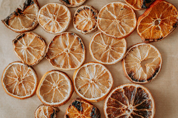 Dried orange, lemon, and tangerine slices. Candied citrus fruit food background. Top view with copy space for text. Flat lay. Concept of holiday homemade craft and presents, zero waste, natural decor.