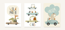 Nursery Wall Art Cute Posters Set With Funny Animals On Cars