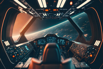futuristic spaceship cockpit interior. future spacecraft control panels technology, space travel con