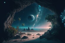 Moon Over The Sea, Unreal Landscape In Space