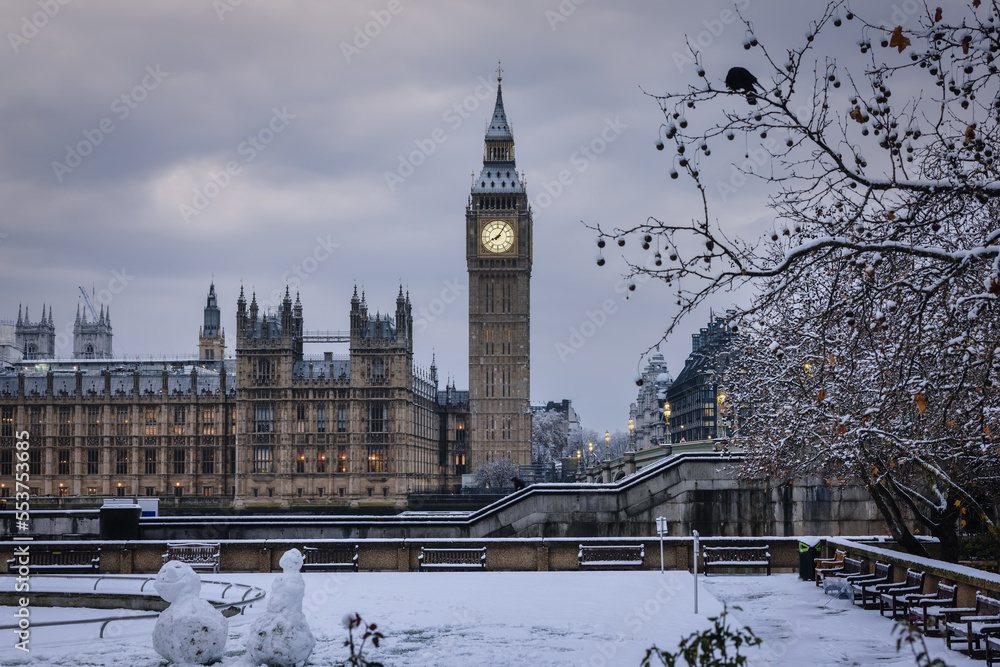 The snow covered Big Ben clocktower at Westminster Bridge, London