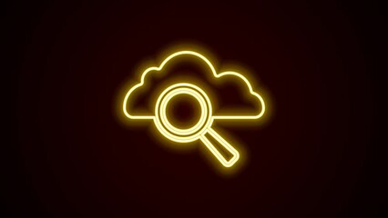 Canvas Print - Glowing neon line Search cloud computing icon isolated on black background. Magnifying glass and cloud. 4K Video motion graphic animation