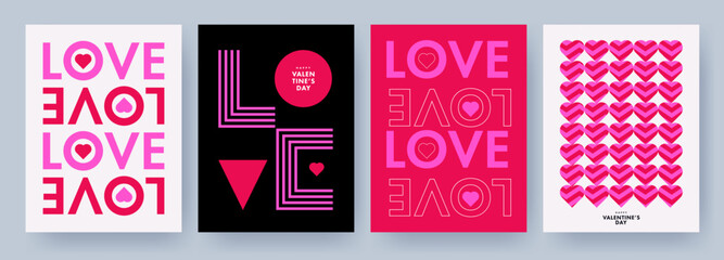 Wall Mural - Creative concept of Happy Valentines Day posters, cards set. Modern Design templates with trendy geometric Love typography and sweet hearts for celebration, decor, ads, branding, banner, cover