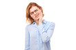 © amixstudio - Young redhead woman with suffering face expression holds cheek with hand, touching mouth with palm isolated on white background. Toothache, dental pain concept