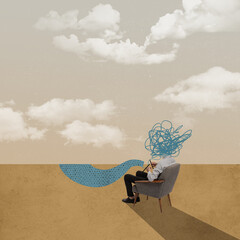 Put thoughts in order. Young man sitting and knitting. Psychotherapy and person psychology concept. Social issues solution. Contemporary art collage. Minimalistic style