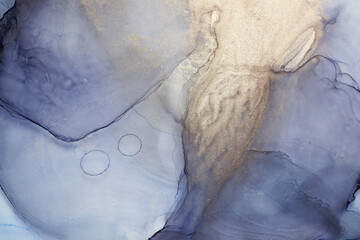  Alcohol ink abstract background. Blue golden luxury acrylic paint in water. Texture of marble. Print pattern