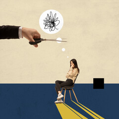 Young woman feeling of sadness, nervousness. Psychotherapy and person psychology concept. Contemporary art collage. Minimalistic style