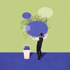 Man puts his mental state in order. Psychotherapy and person psychology concept. Contemporary art collage. Minimalistic style
