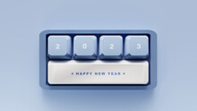 3D Rendering. Happy New Year On The Cute Keyboard With Blue Tone.