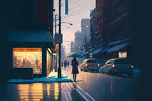 A Winter Scene Illustration Featuring A Silent Street In Tokyo, Japan At Night. Night Time In A Japanese City With Streets Illuminated By Lamps. Gentle Snowing On A Cold Night. Generative Ai