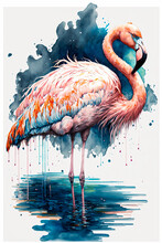 Watercolor Painting Of A Flamingo. Generative AI