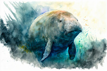Watercolor Painting Of A Manatee. Generative AI