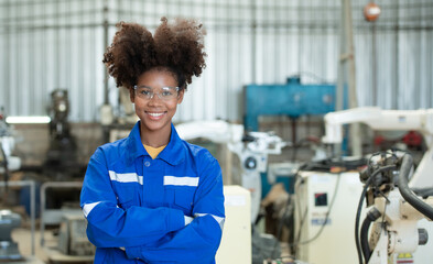 Young female engineers are manipulating a welding robot hand. By combining welding manipulation with a control panel for precise welding control.