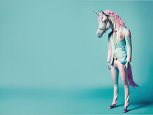 A White Fairy Tale Unicorn With Rainbow Colored Hair, Wild Animal Dressed Up As A Man In Retro Elegant Suit On A Pastel Blue Background. Magical, Elegant, Abstract Animal. Illustration, Generative AI.