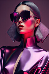 Portrait of a young beautiful fashionable girl with big sunglasses. Fashion elegant illustration with neon purple lights. Generative AI.