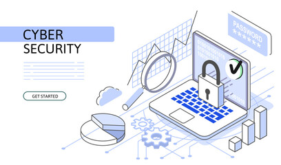Laptop lock Isometric security Concept. Use for web page, banner, infographics. Flat illustration editable line.