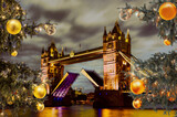 Fototapeta Londyn - Tower Bridge lift time against Christmas tree in London, UK