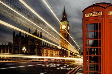 Fototapete - London with Big Ben and red Phone Booth during evening in England, UK