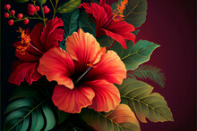 Lush Vegetation And Hibiscus Flower Patter Ideal For Tropical And Exotic Backgrounds