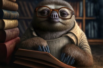 Anthropomorphic clever sloth in glasses illustration