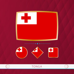 Wall Mural - Set of Tonga flags with gold frame for use at sporting events on a burgundy abstract background.