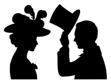 Profile Silhouettes Of Young Victorian Couple In Which The Man Takes Off His Top Hat In Front Of The Woman.
