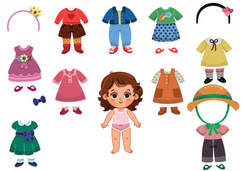 Wall Mural - Dress up activity page with a little girl and her outfit set. Vector illustration for kids.