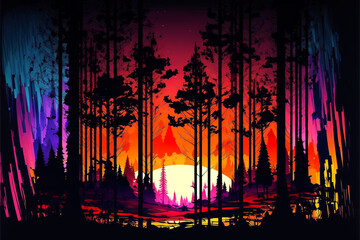 Wall Mural - Sunset in a forest