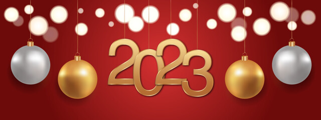 Canvas Print - happy new year 2023 background. golden numbers and christmas decoration with shiny lights in red bac
