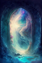 Ai Generative Illustration Of A Giant Gate To Heaven With Wonderful Sky, Fantasy Art