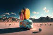 surreal art illustration of motorhome in dessert with fruit on top