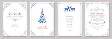Winter Holiday Cards. Christmas Templates. Universal Ornate Swirl Decorative Frames With Copy Space, Christmas Tree, Reindeers, Birds And Greetings.
