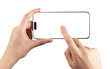 Mobile phone screen mock up. Hand holding smartphone horizontal for video application ads isolated on white background, clicking with finger on display