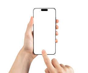 mobile smart phone screen mock up, white smartphone display mockup in hand with finger tapping, poin