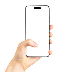 Mobile smart cell phone screen mockup, white blank smartphone display mock up template in hand with finger thumb tapping isolated on white background