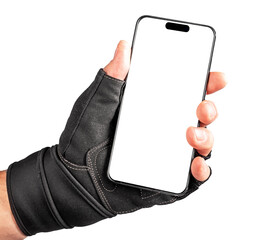 white mobile phone screen mockup for sport application ad. smartphone mockup in athlete hand isolate