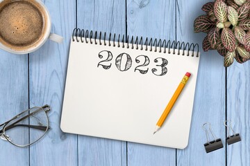 Canvas Print - New year 2023 list, cup on office desk