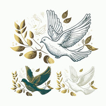 Dove Of Peace. Flying Bird With An Olive Branch In Beak. Isolated On A White Background. Cartoon Flat Vector Illustration