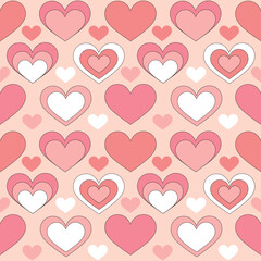 Wall Mural - Seamless pattern with retro pink colors hearts. Summer simple minimalist heart. 70 s style love. Colorful background. Vector illustration.