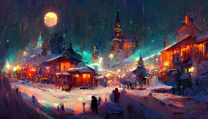 christmas vibes in the fantasy city digital illustration artwork.