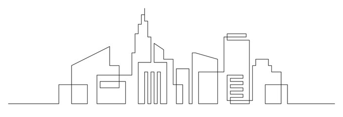 Continuous line city building. One single outline cityscape continuous construction. Editable stroke building background. Vector illustration.