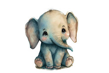 Cute Watercolor Illustration Of A Little Elephant. Sitting Baby Elephant On White Background. Generative AI