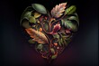  a heart shaped arrangement of leaves and flowers on a black background with a red background and a black background. Generative AI