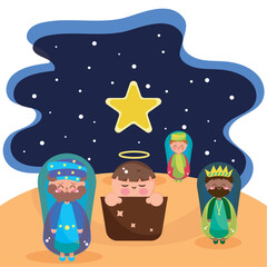 Colored stable at night with cute cartoons of Joseph, mary and jesus Vector