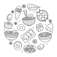 Wall Mural - Japanese food doodle set. Asian cuisine. Ramen, sushi, onigiri, dango in sketch style. Hand drawn vector illustration isolated on white background